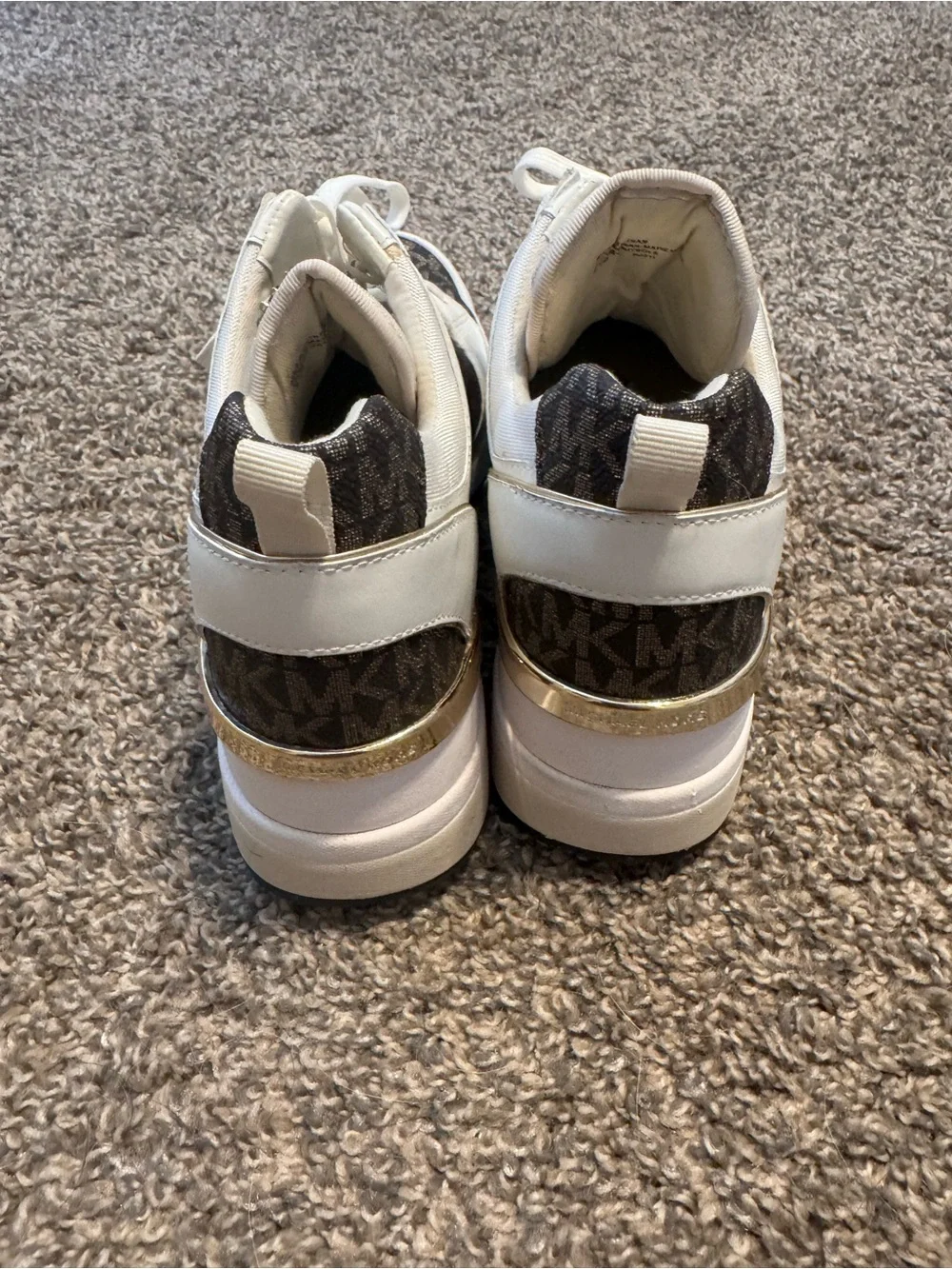 Michael Kors White and Brown MK Logo Wedge Sneakers with Gold Accents 9M
